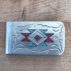 Vintage Navajo Silver & German Silver Money Clip / turquoise & Coral Chip Inlay